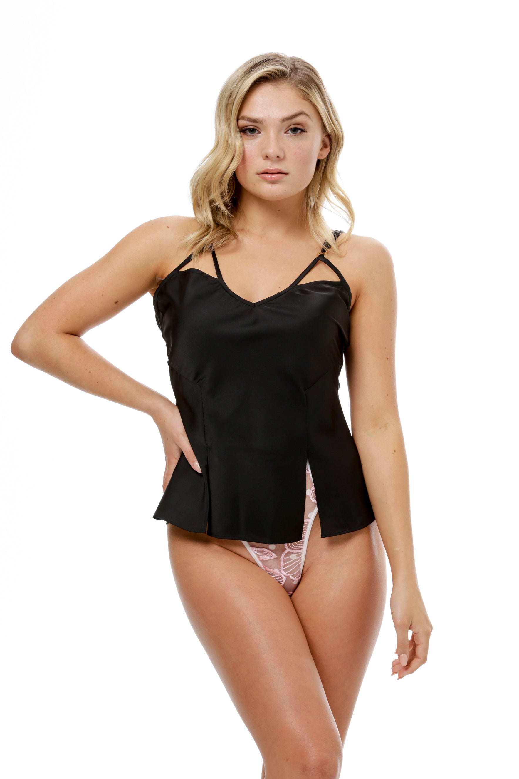 model wears black silk satin camisole pyjama top