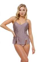 model wears mauve purple silk satin camisole pyjama top
