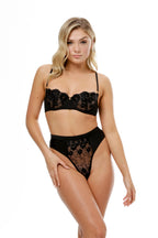 model wears black lace high waist underwear and black lace bra