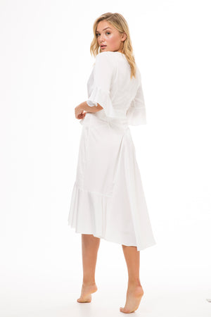 model wears white silk satin dressing robe gown