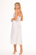 model wears white silk satin slip nighty 