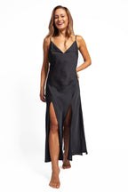 model wears long length black silk satin slip nighty 