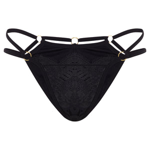 black lace underwear with straps and gold hardwear