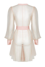 blush pink long sleeve sheer dressing robe with satin edges