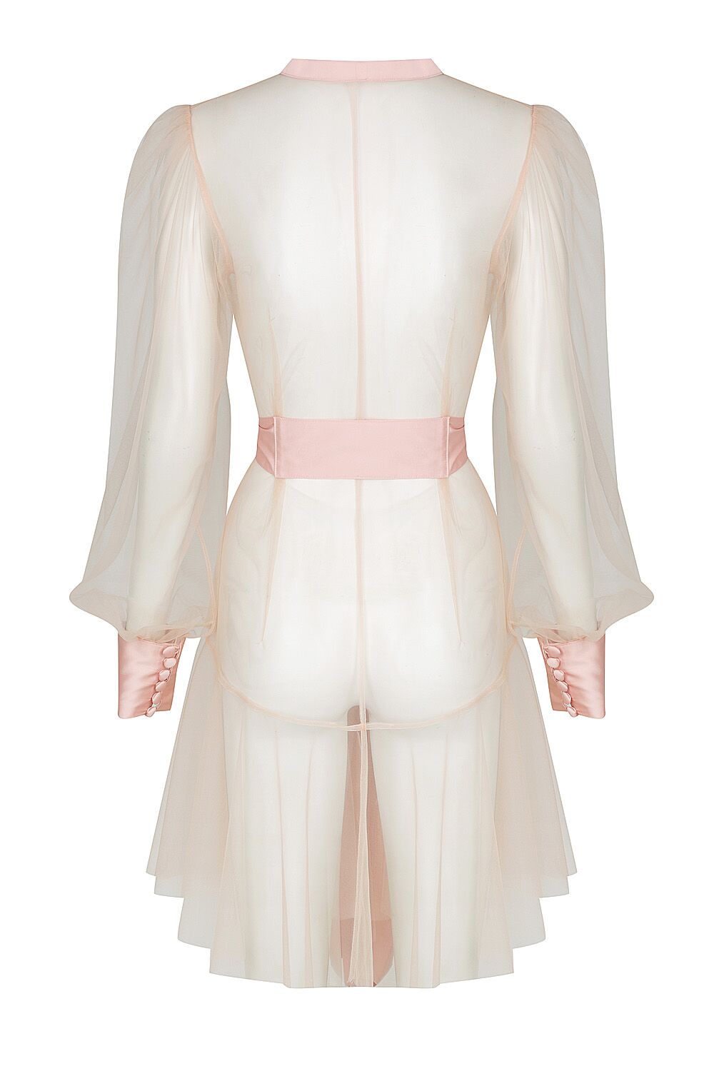 blush pink long sleeve sheer dressing robe with satin edges