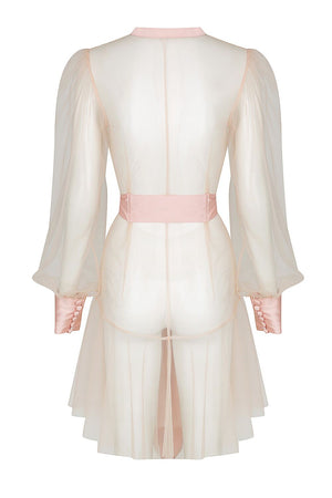 blush pink long sleeve sheer dressing robe with satin edges