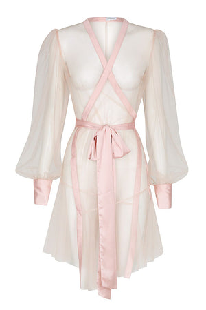 long sleeve blush pink sheer dressing robe with satin trim