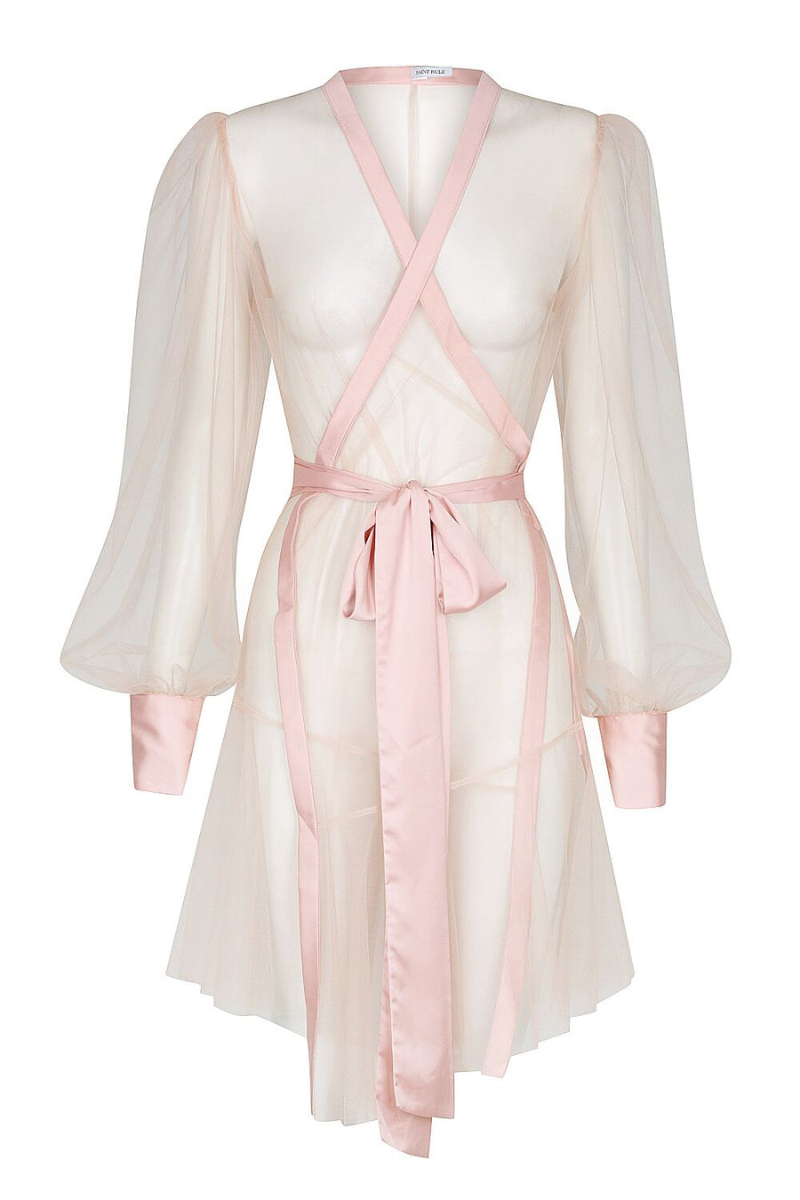 model wears blush pink sheer dressing robe with satin edges